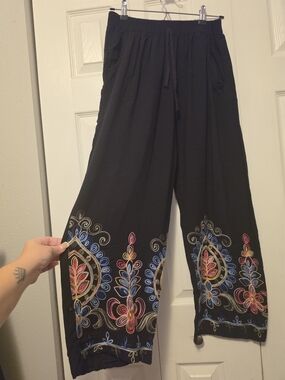 Black Wide-Leg Embroidered Palazzo Pants